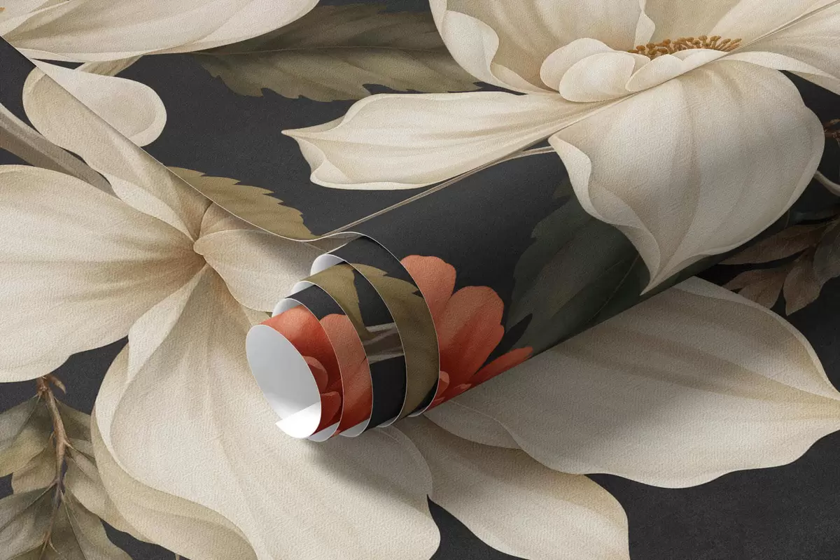 wall murals Flowering branches and exotic birds on a dark background w05955v1