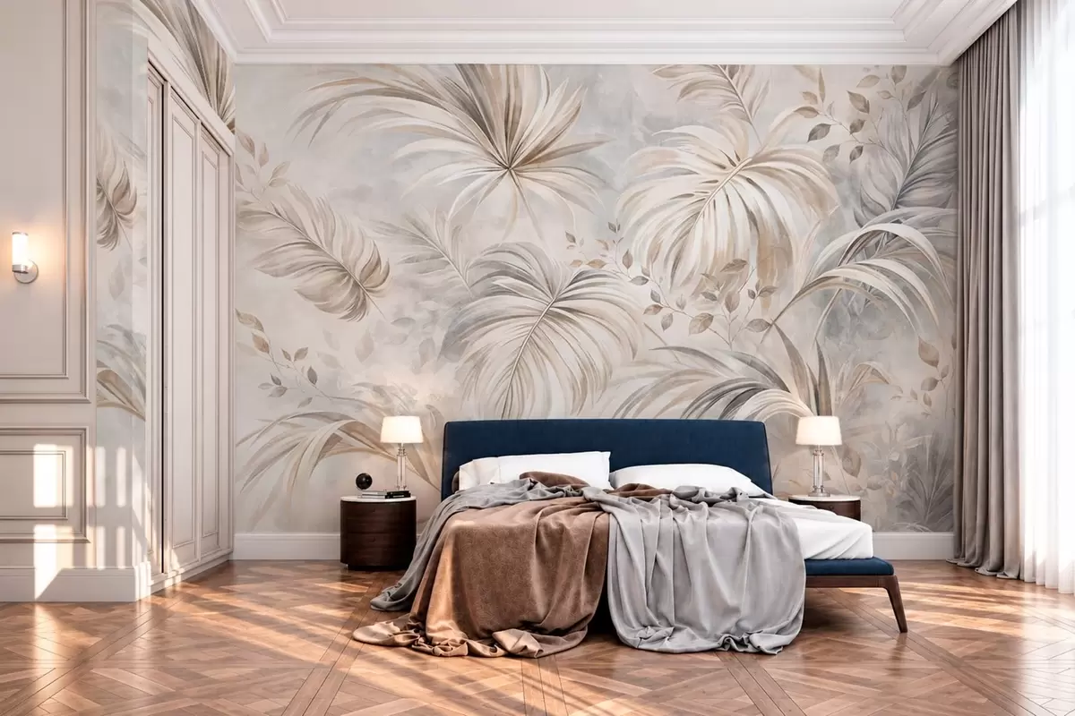 wall murals Tropical foliage in soft beige and gray tones w05956