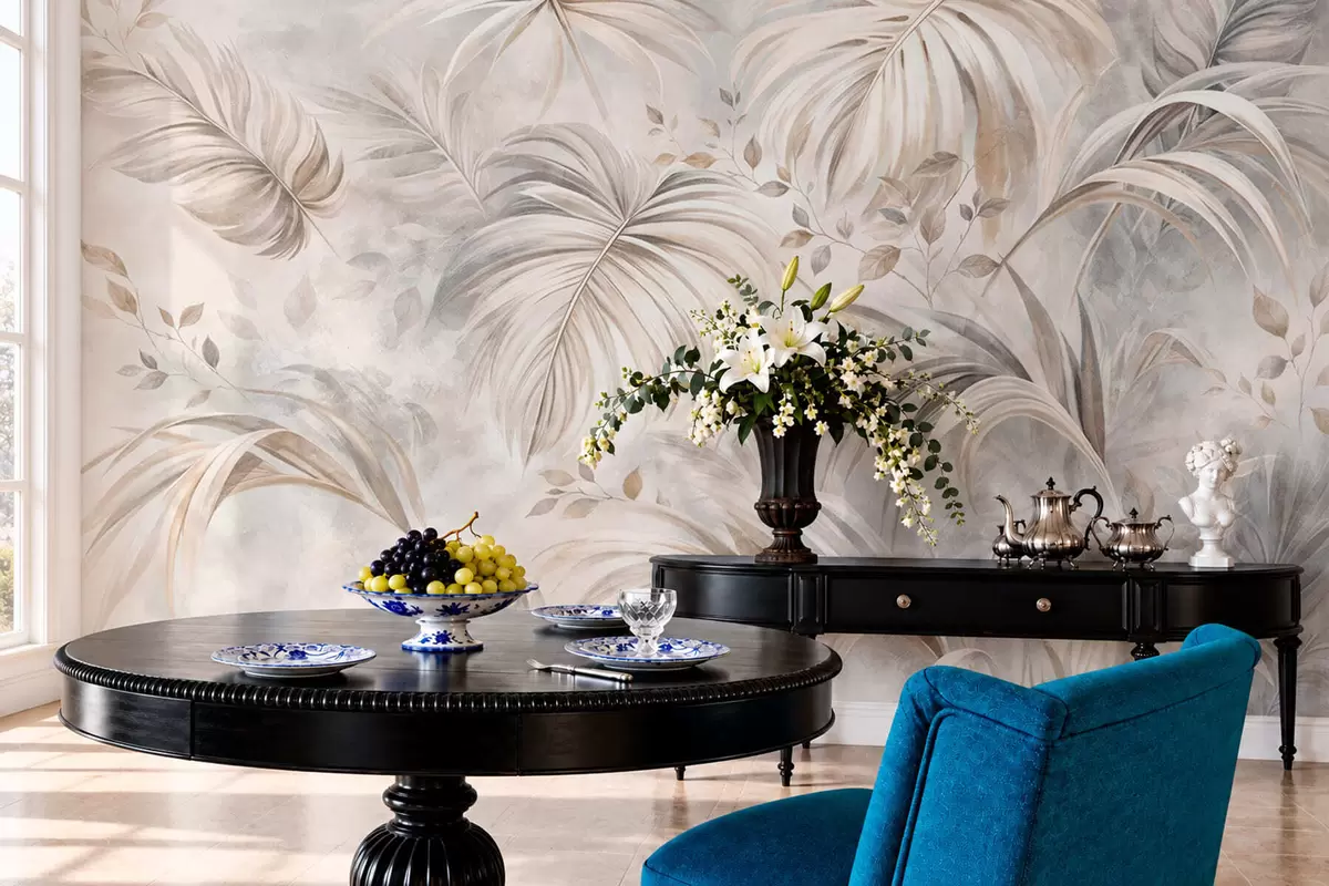 wall murals Tropical foliage in soft beige and gray tones w05956