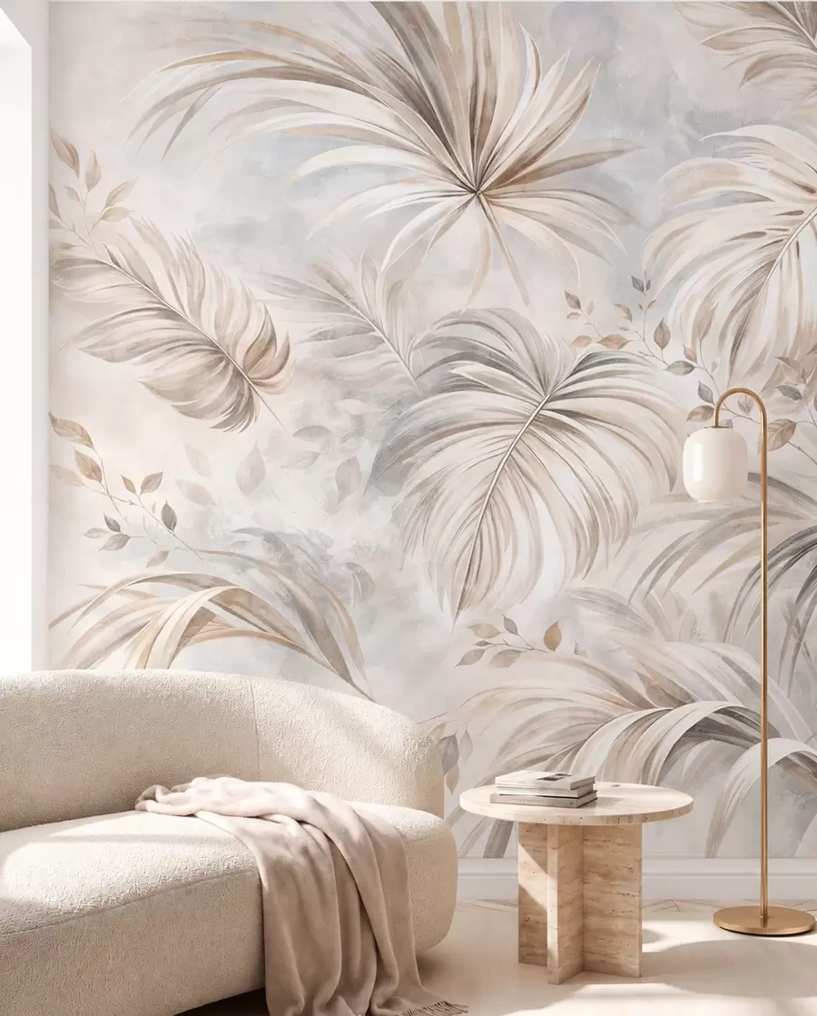 wall murals Tropical foliage in soft beige and gray tones w05956