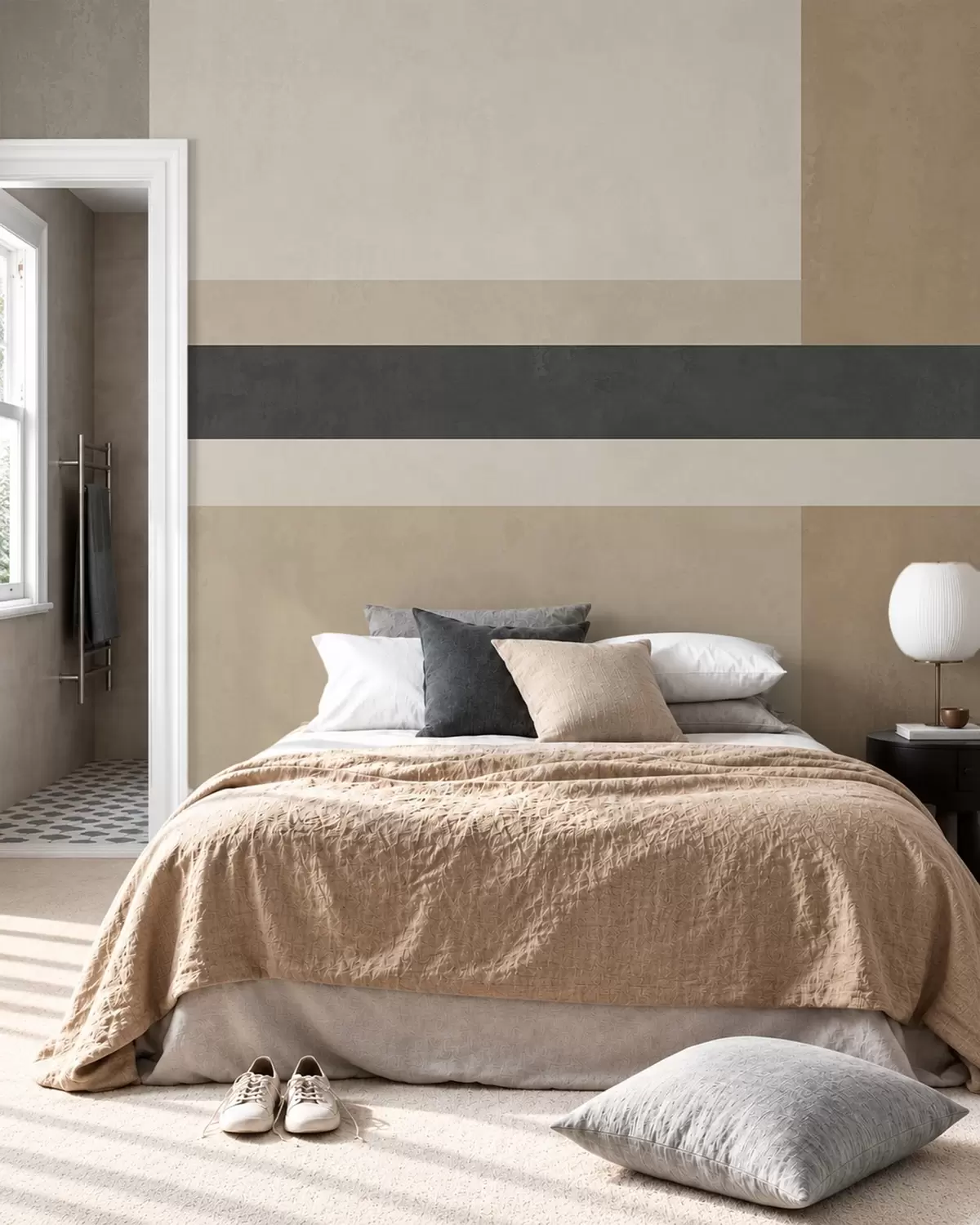 wall murals Abstract rectangles in warm beige tones with a dark stripe w05890