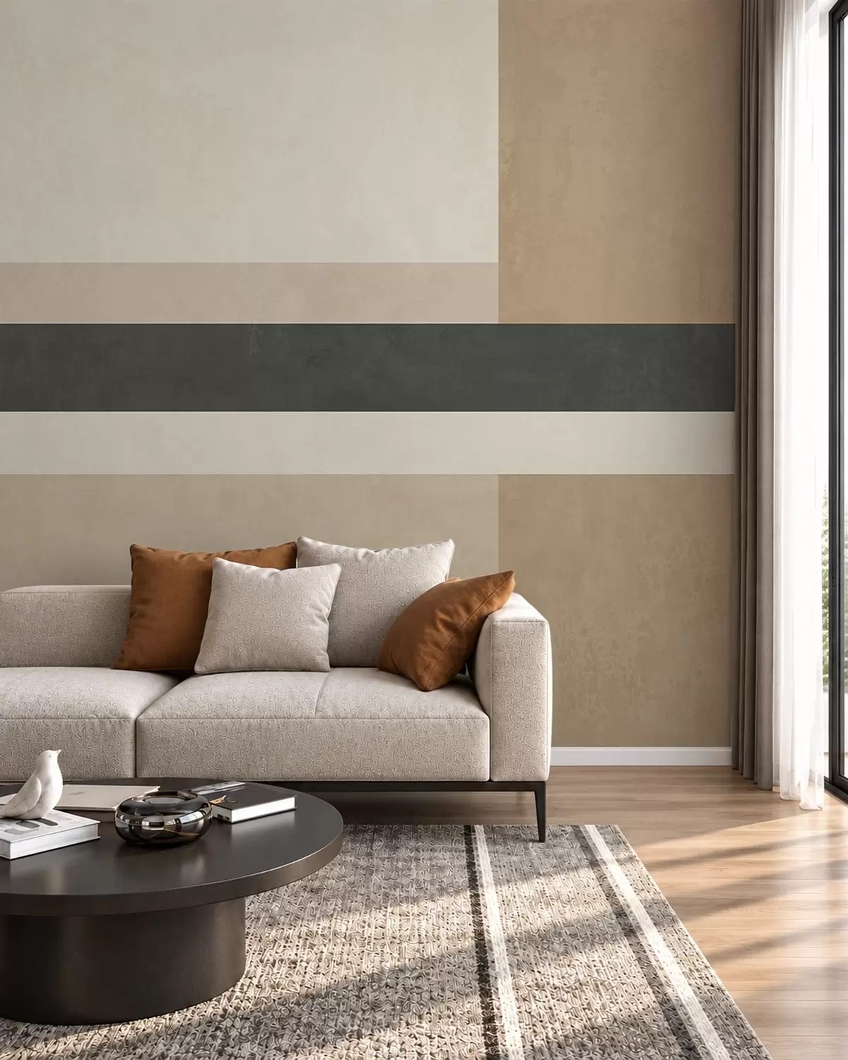wall murals Abstract rectangles in warm beige tones with a dark stripe w05890