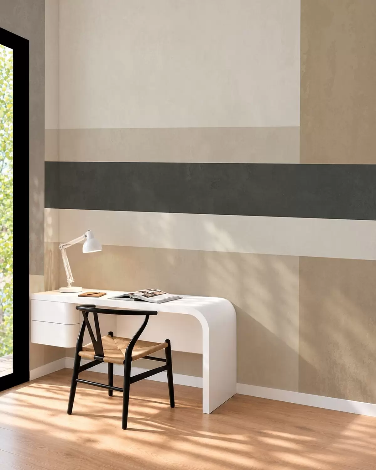 wall murals Abstract rectangles in warm beige tones with a dark stripe w05890