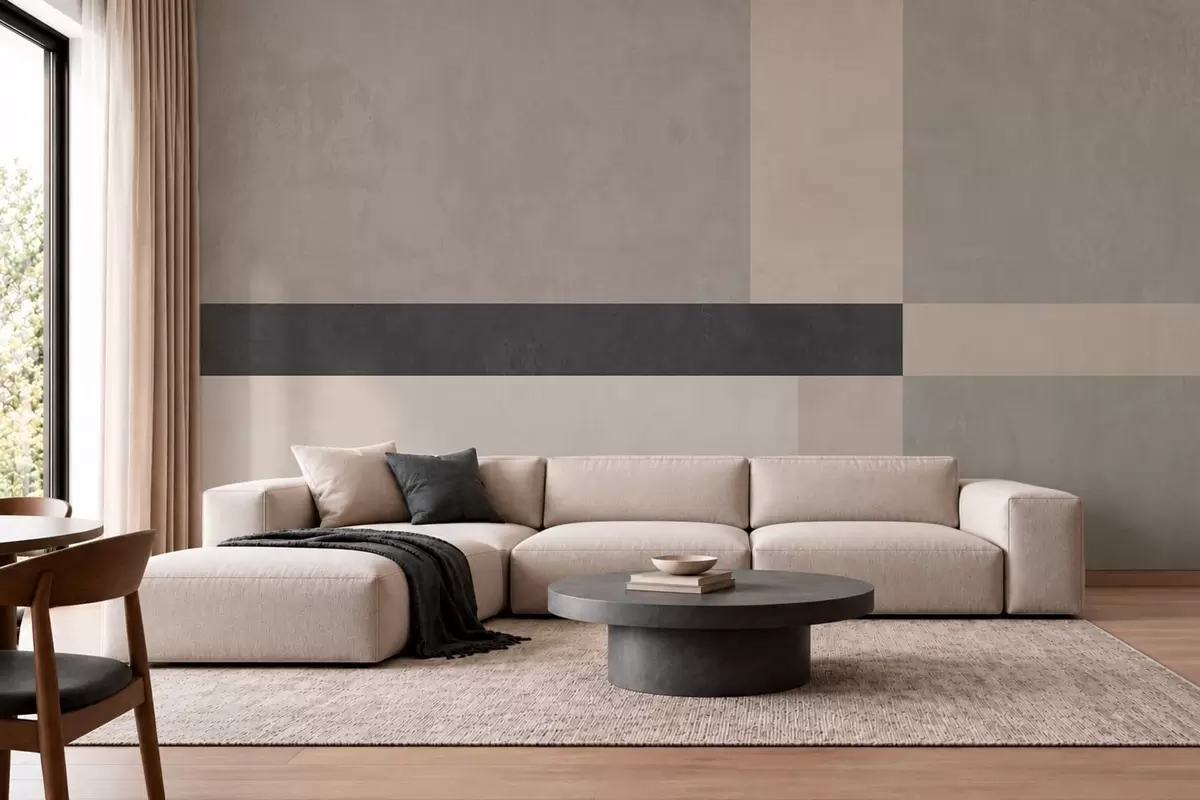 wall murals Abstract geometry with beige and gray blocks and a dark stripe w05891