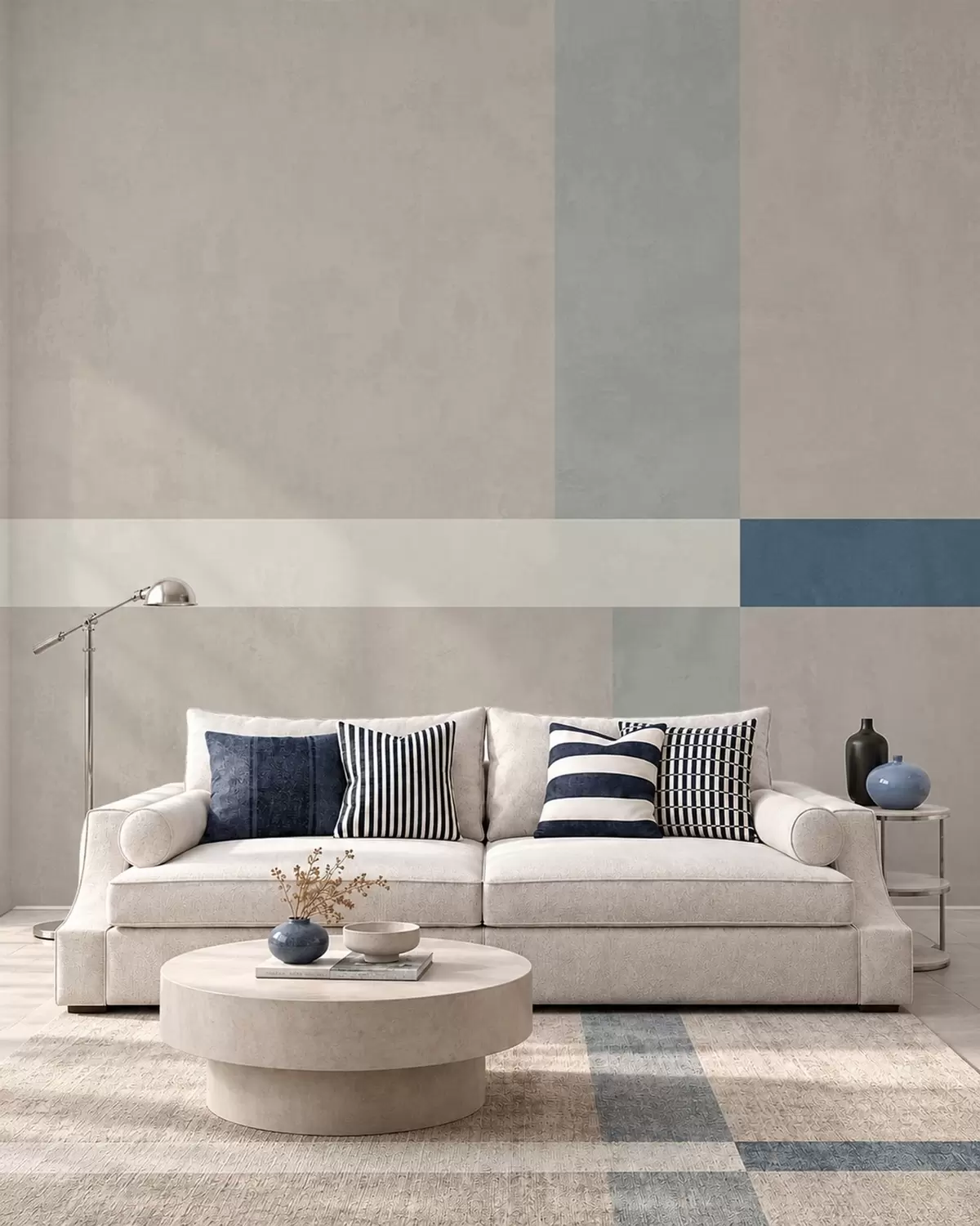 wall murals Abstract beige and gray rectangles with a blue accent w05891v2