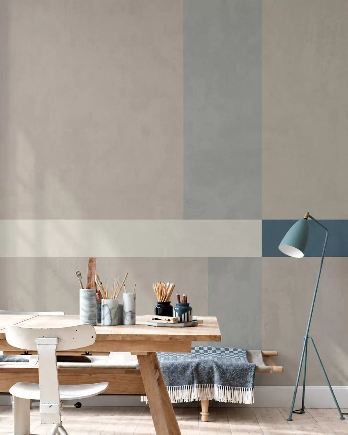 wall murals Abstract beige and gray rectangles with a blue accent w05891v2