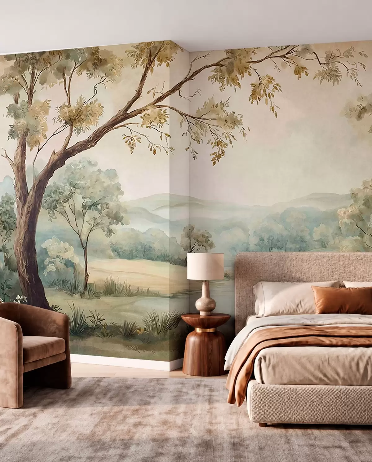 wall murals Delicate landscape with trees, a lake and distant hills w05957