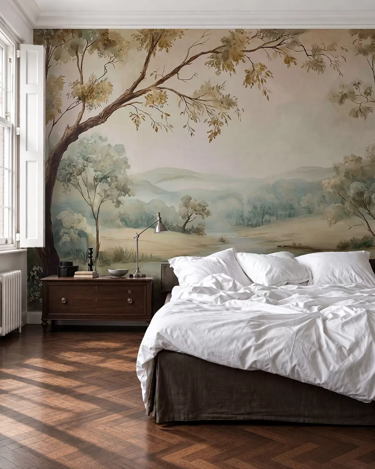 wall murals Delicate landscape with trees, a lake and distant hills w05957