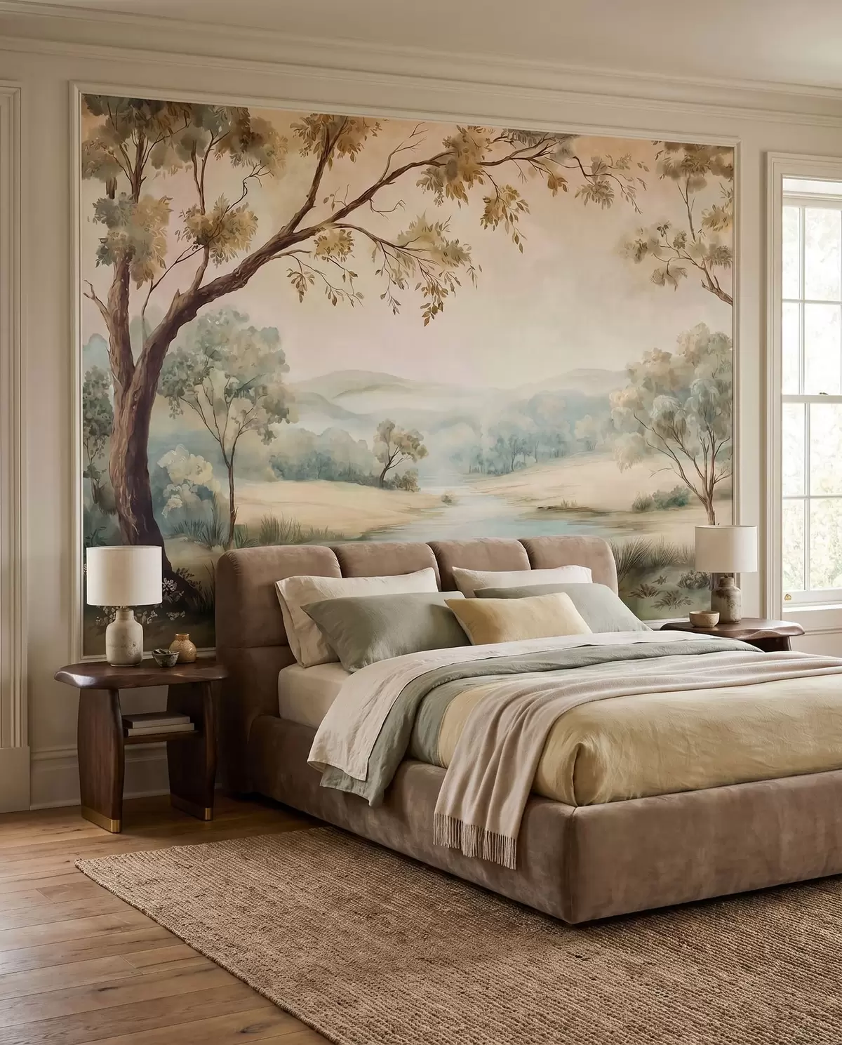 wall murals Delicate landscape with trees, a lake and distant hills w05957
