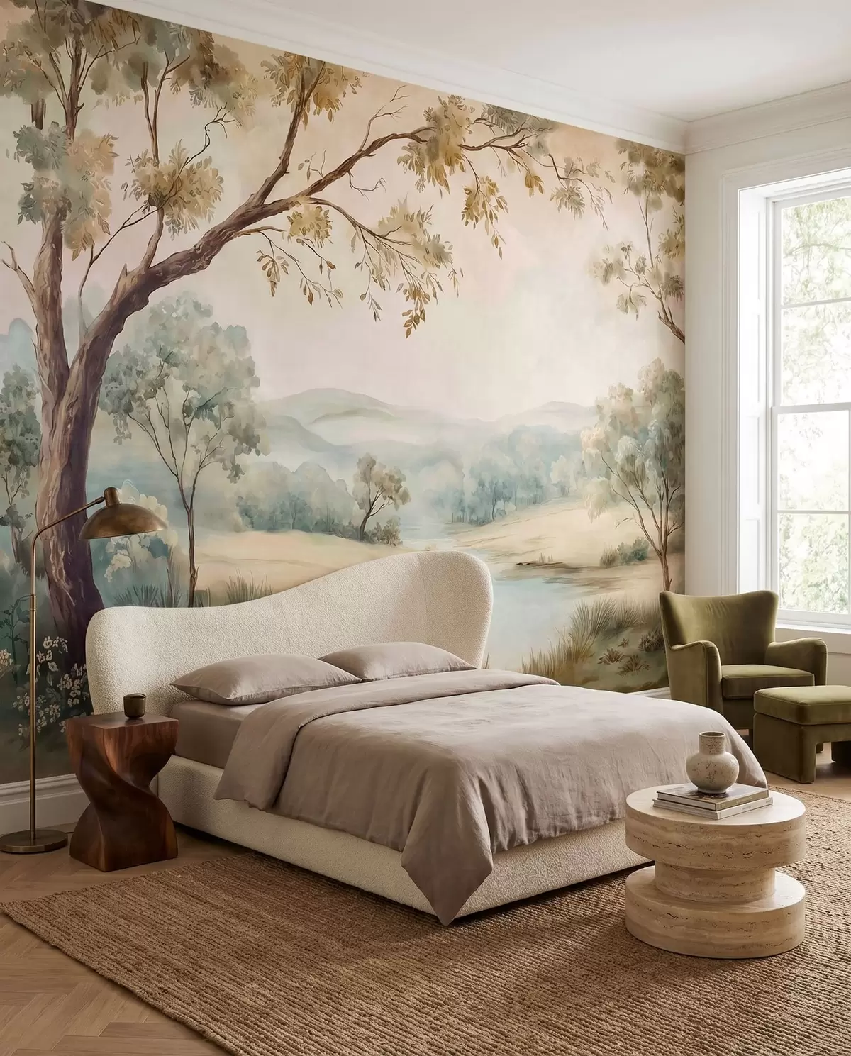 wall murals Delicate landscape with trees, a lake and distant hills w05957