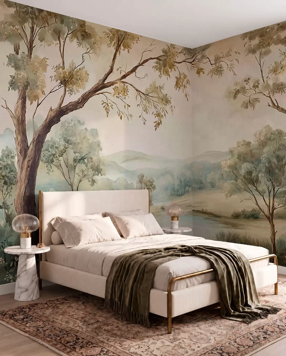 wall murals Delicate landscape with trees, a lake and distant hills w05957