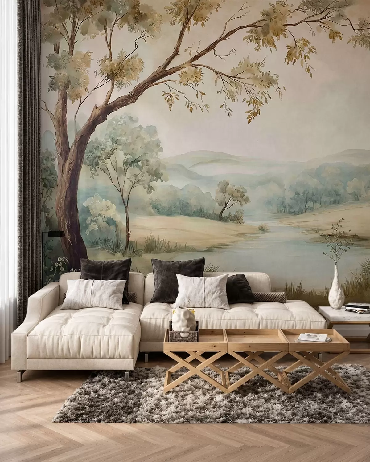 wall murals Delicate landscape with trees, a lake and distant hills w05957