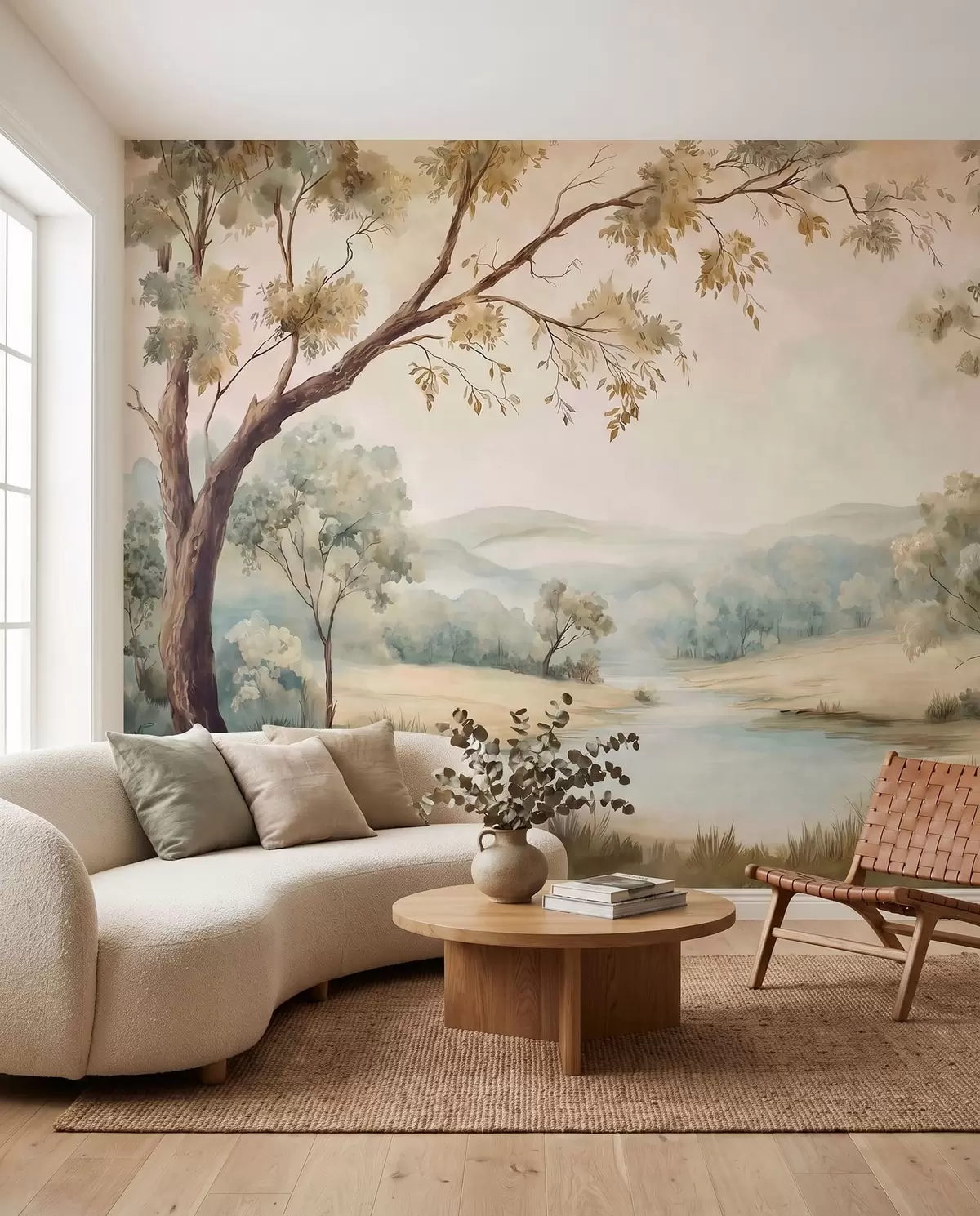 wall murals Delicate landscape with trees, a lake and distant hills w05957