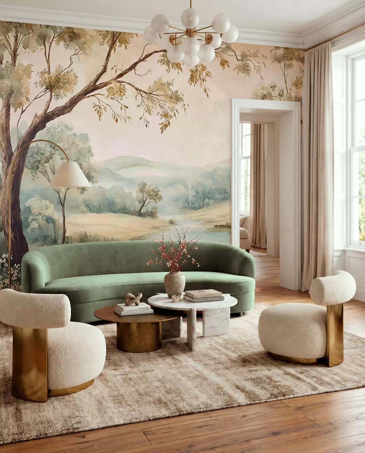 wall murals Delicate landscape with trees, a lake and distant hills w05957