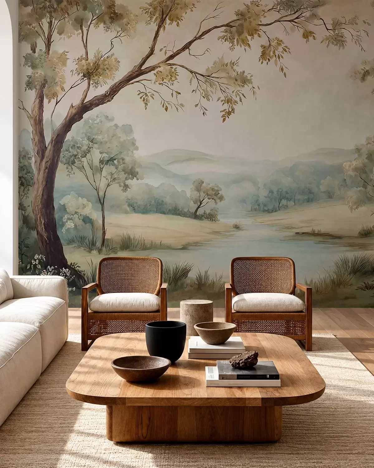 wall murals Delicate landscape with trees, a lake and distant hills w05957