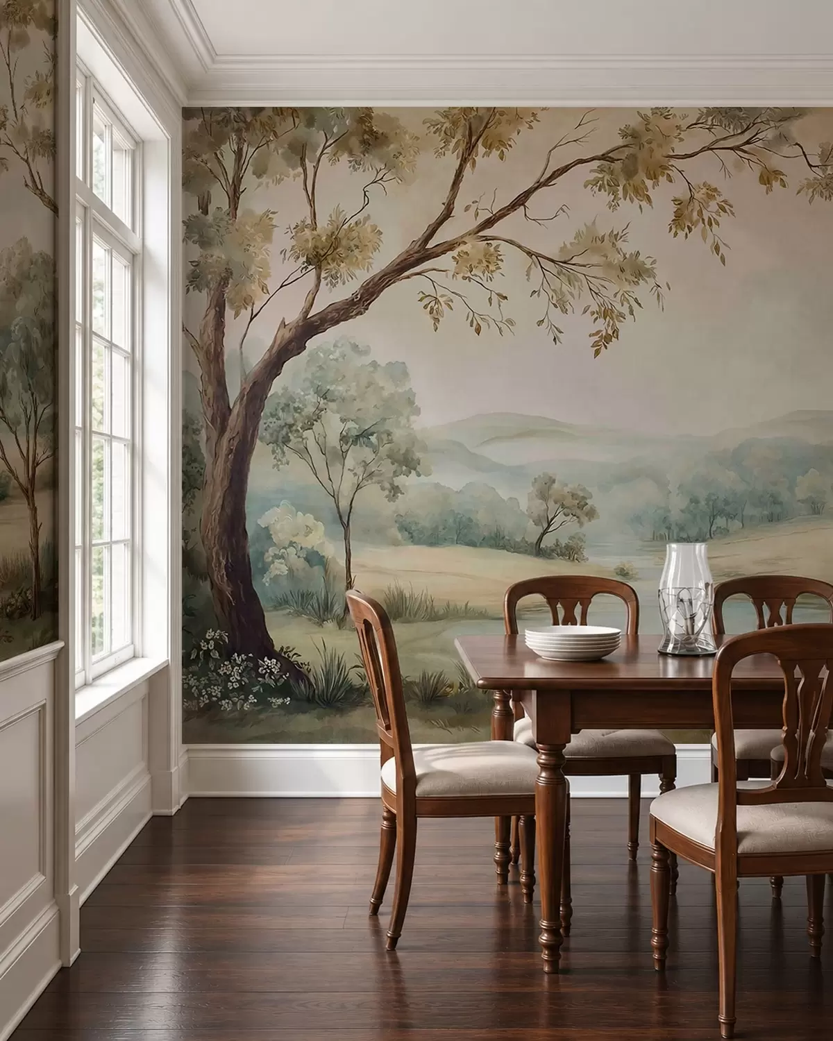 wall murals Delicate landscape with trees, a lake and distant hills w05957