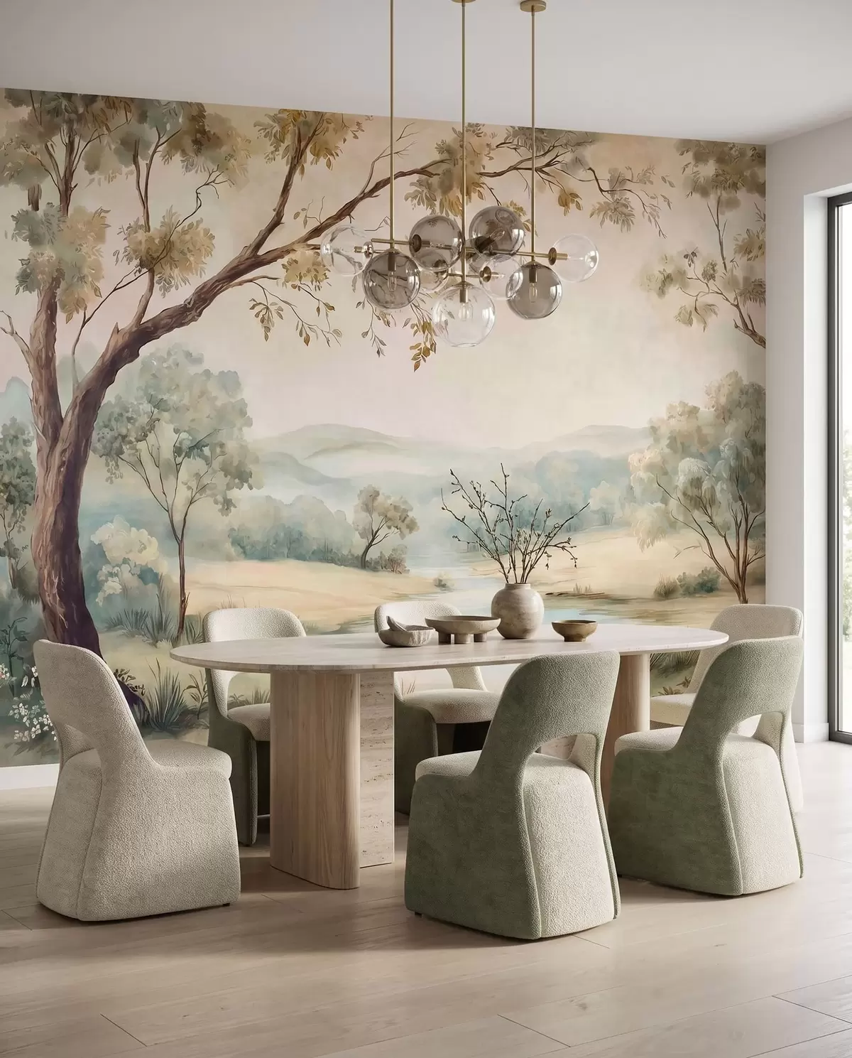 wall murals Delicate landscape with trees, a lake and distant hills w05957