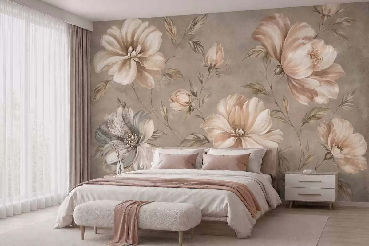wall murals Large cream and beige flowers with leaves w05958