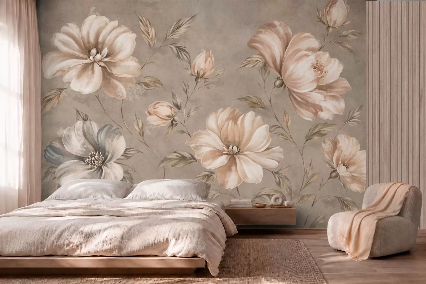 wall murals Large cream and beige flowers with leaves w05958