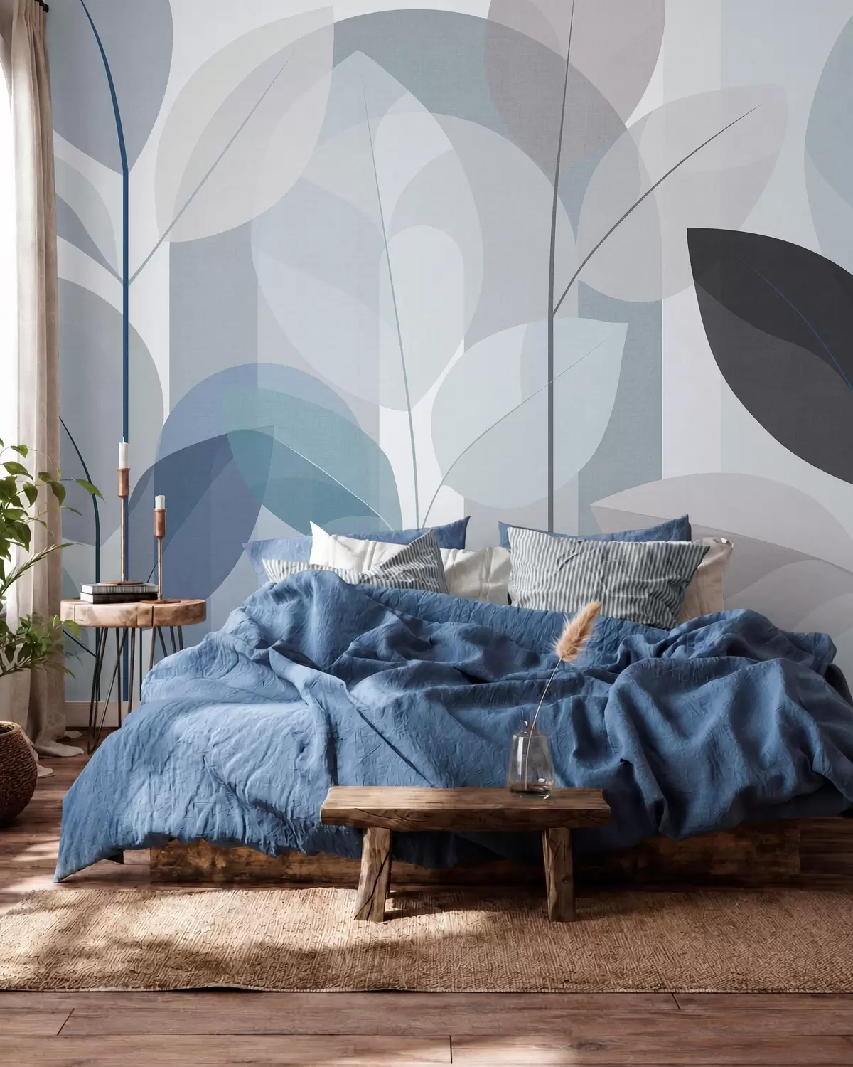 wall murals an abstract design featuring leaves in a matt weave style in shades of blue w05986v2