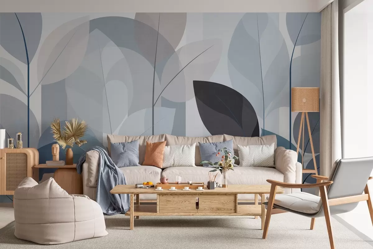 wall murals an abstract design featuring leaves in a matt weave style in shades of blue w05986v2