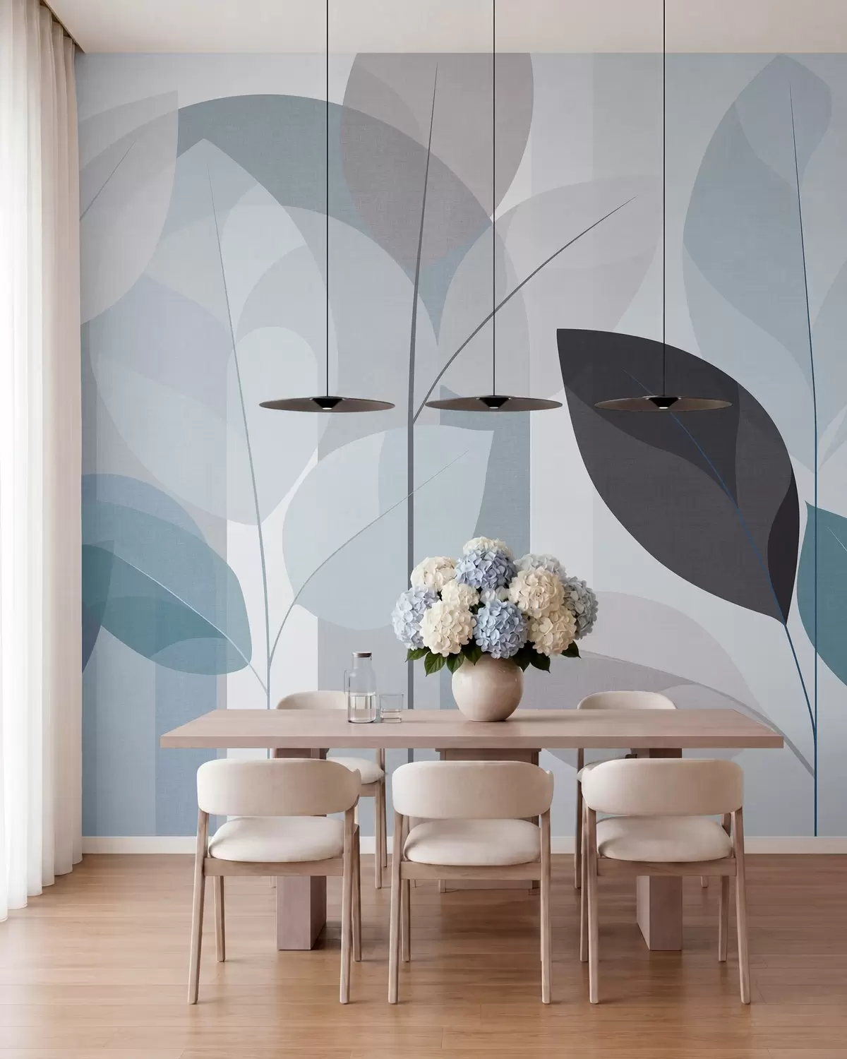 wall murals an abstract design featuring leaves in a matt weave style in shades of blue w05986v2