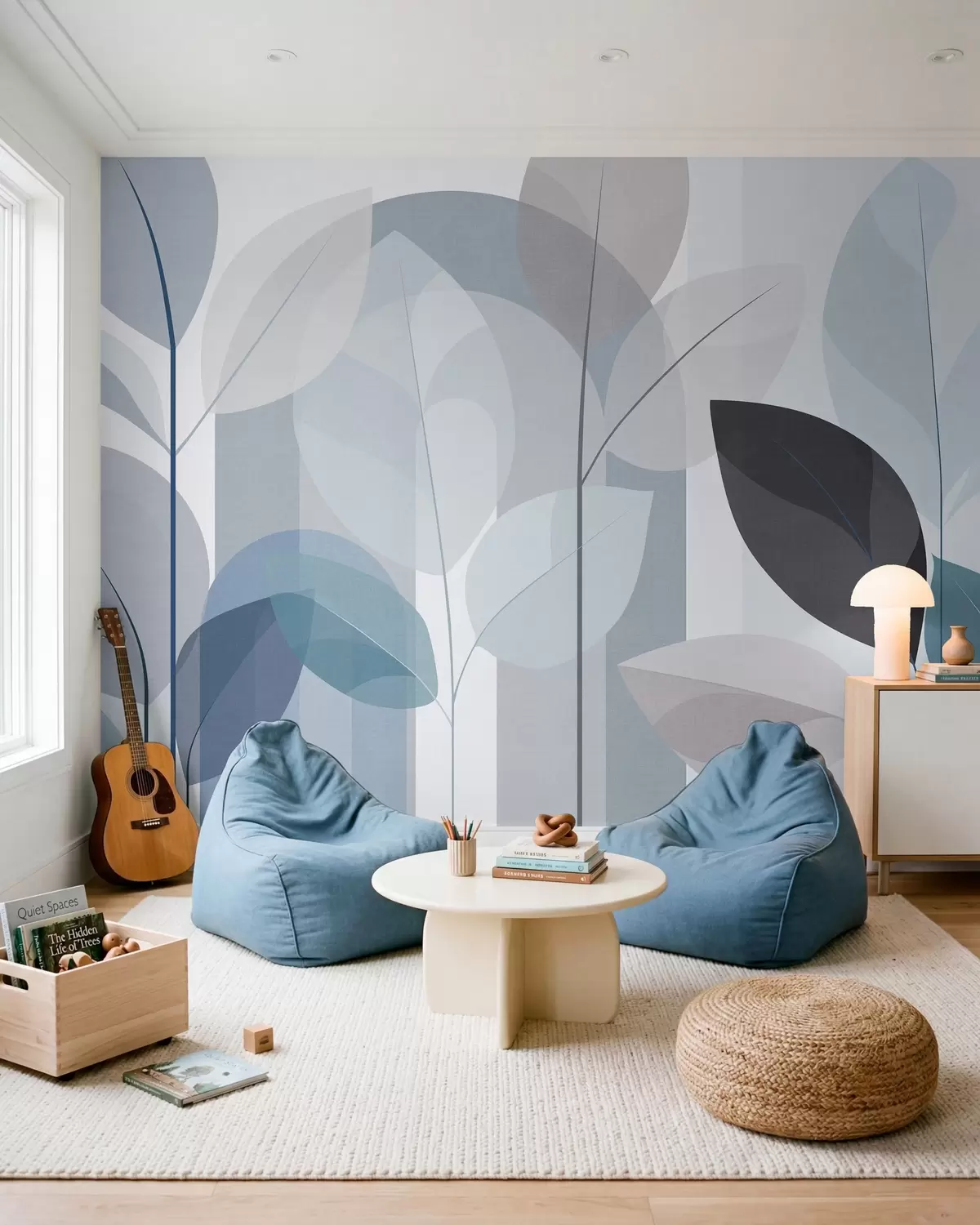 wall murals an abstract design featuring leaves in a matt weave style in shades of blue w05986v2