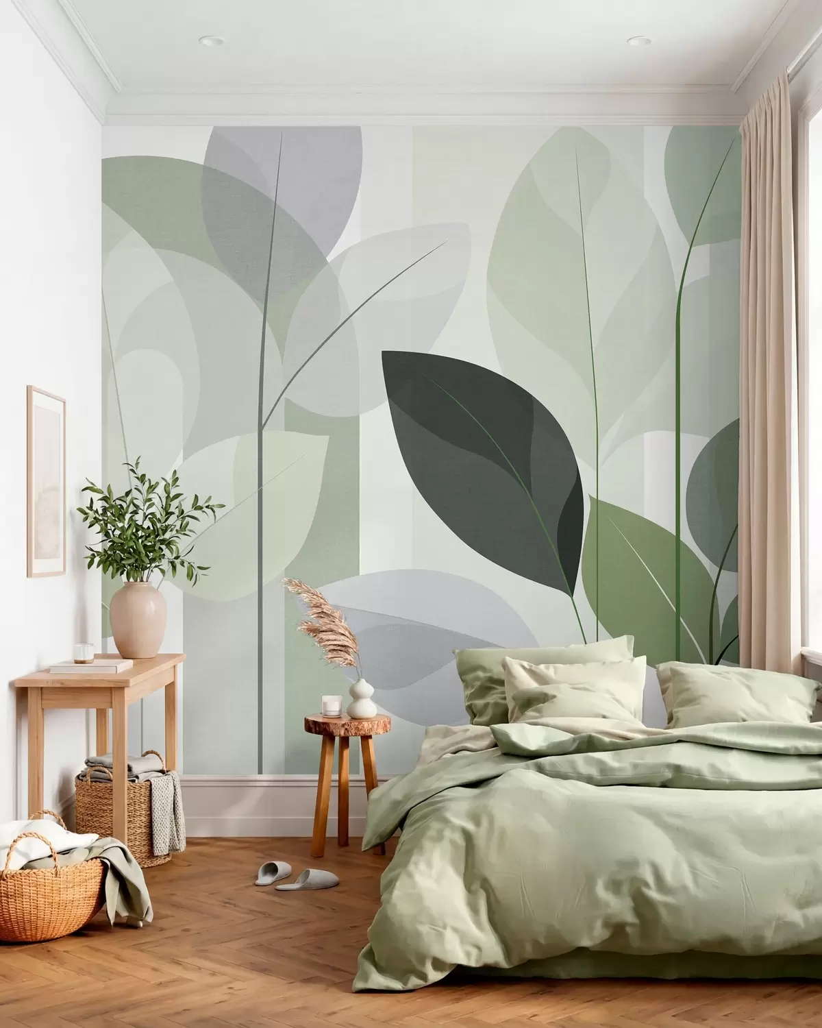 wall murals an abstract design featuring leaves in a matt weave style in shades of green w05986v1