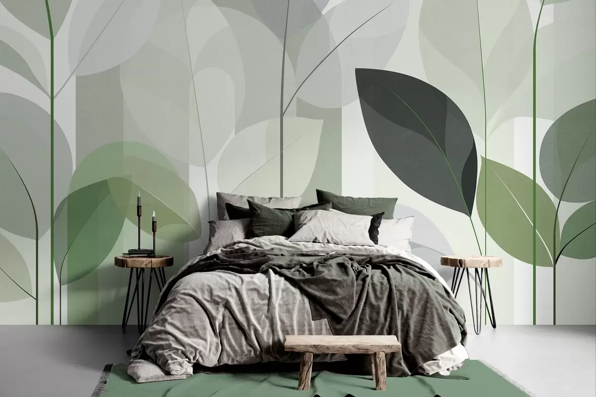 wall murals an abstract design featuring leaves in a matt weave style in shades of green w05986v1