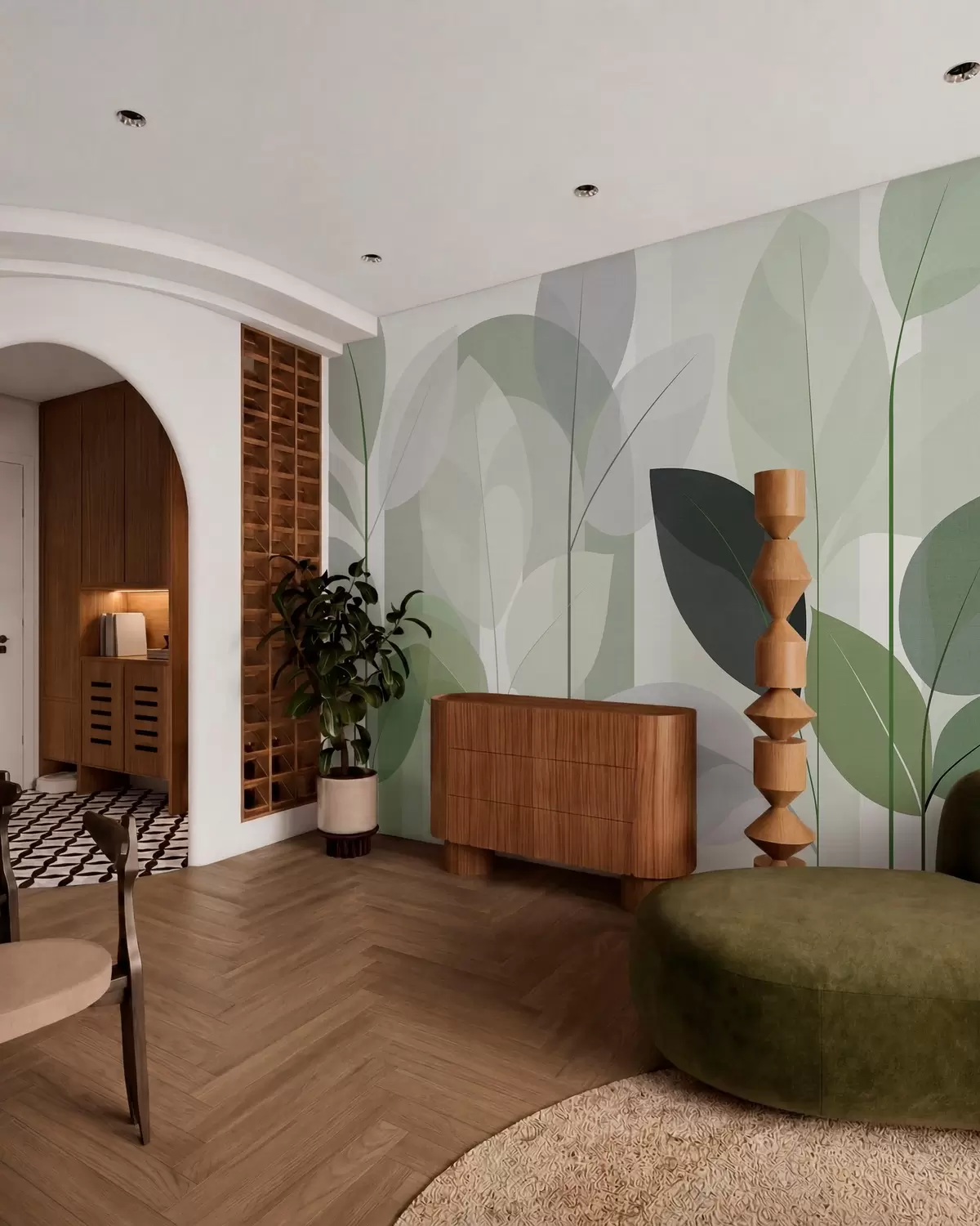 wall murals an abstract design featuring leaves in a matt weave style in shades of green w05986v1