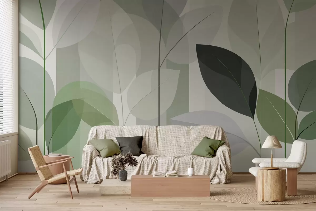 wall murals an abstract design featuring leaves in a matt weave style in shades of green w05986v1
