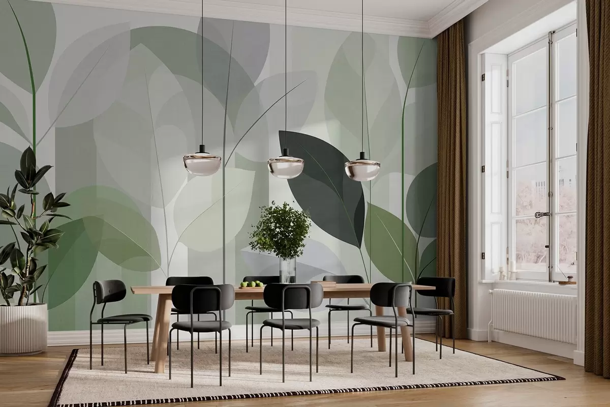 wall murals an abstract design featuring leaves in a matt weave style in shades of green w05986v1