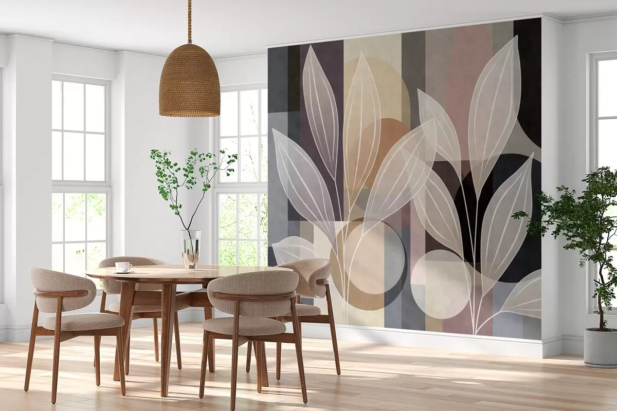 wall murals stylised leaves against a geometric background in shades of beige and dark colours w05987