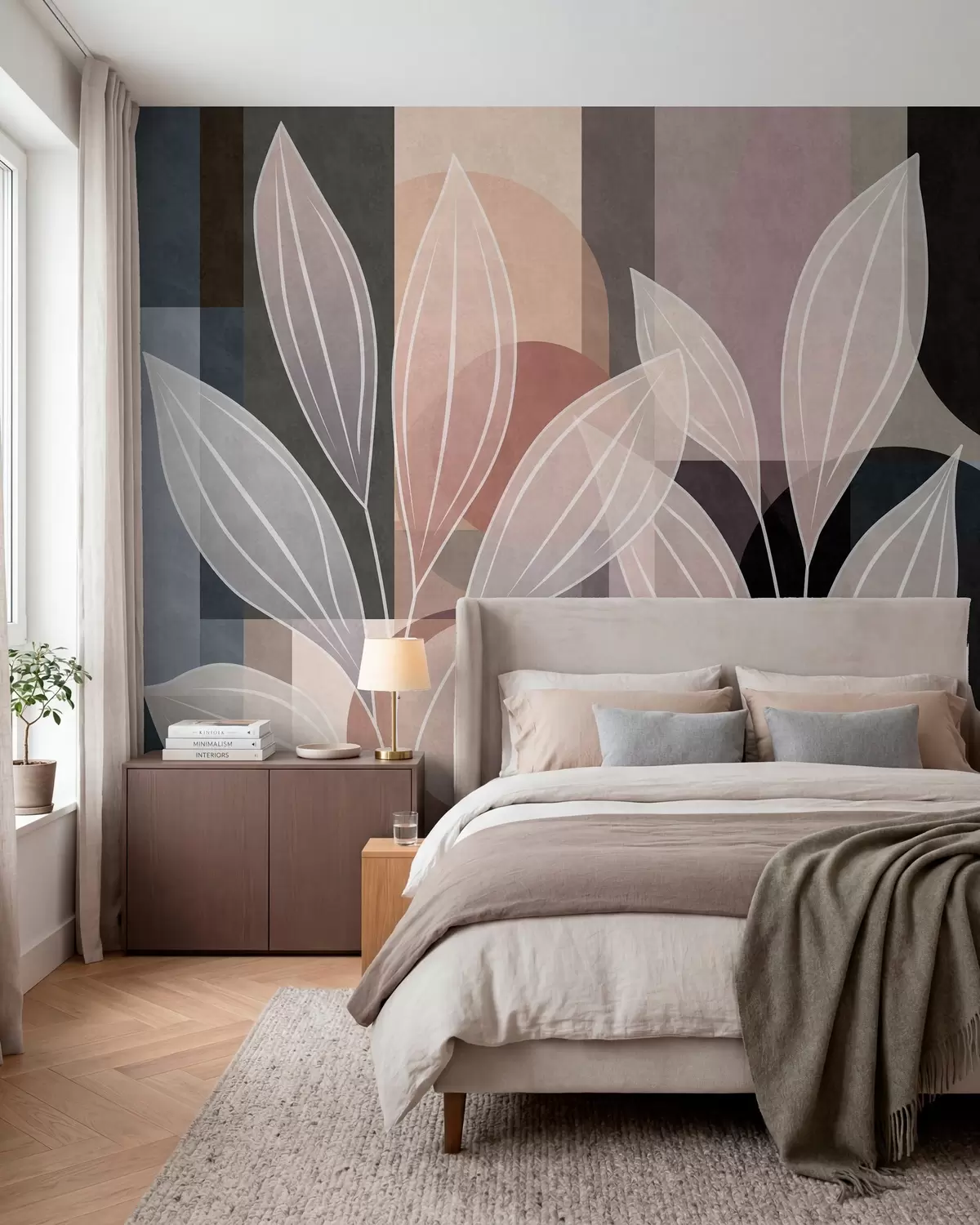wall murals stylised foliage against a geometric background in powdery and dark shades w05987v1