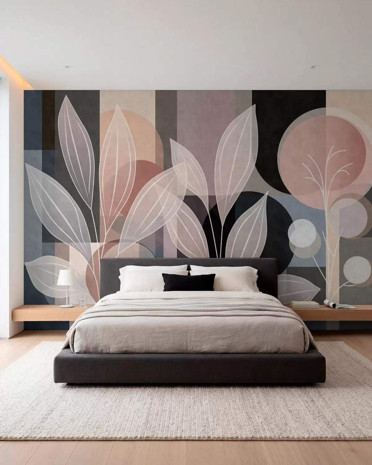 wall murals stylised foliage against a geometric background in powdery and dark shades w05987v1