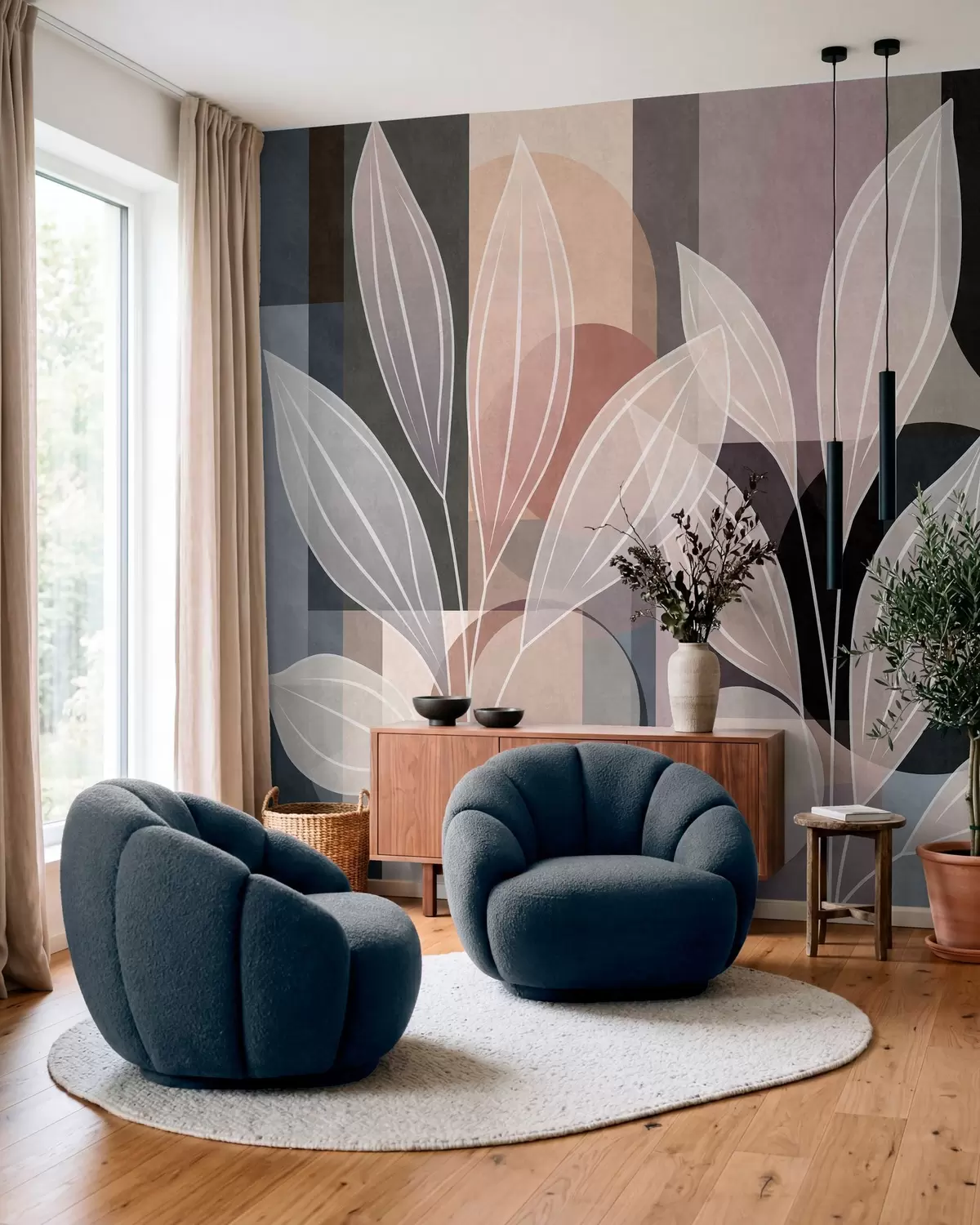 wall murals stylised foliage against a geometric background in powdery and dark shades w05987v1