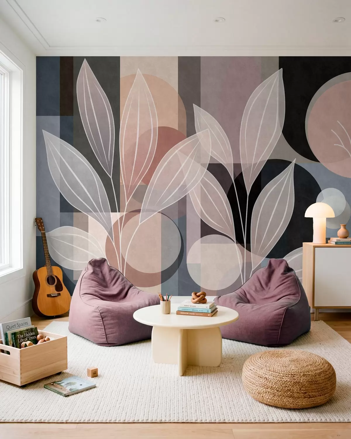 wall murals stylised foliage against a geometric background in powdery and dark shades w05987v1