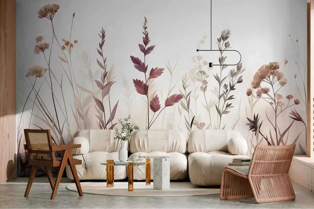 wall murals Tall wild grasses and wildflowers in muted earth tones, minimalist aesthetic w10084