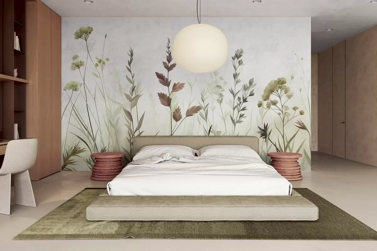 wall murals Tall wild grasses and wildflowers in muted green tones, minimalist aesthetic w10084v1