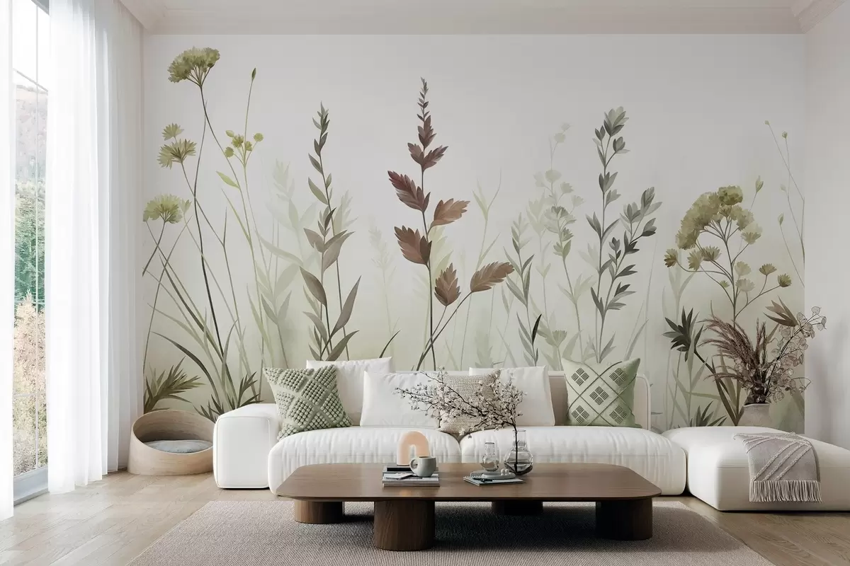 wall murals Tall wild grasses and wildflowers in muted green tones, minimalist aesthetic w10084v1