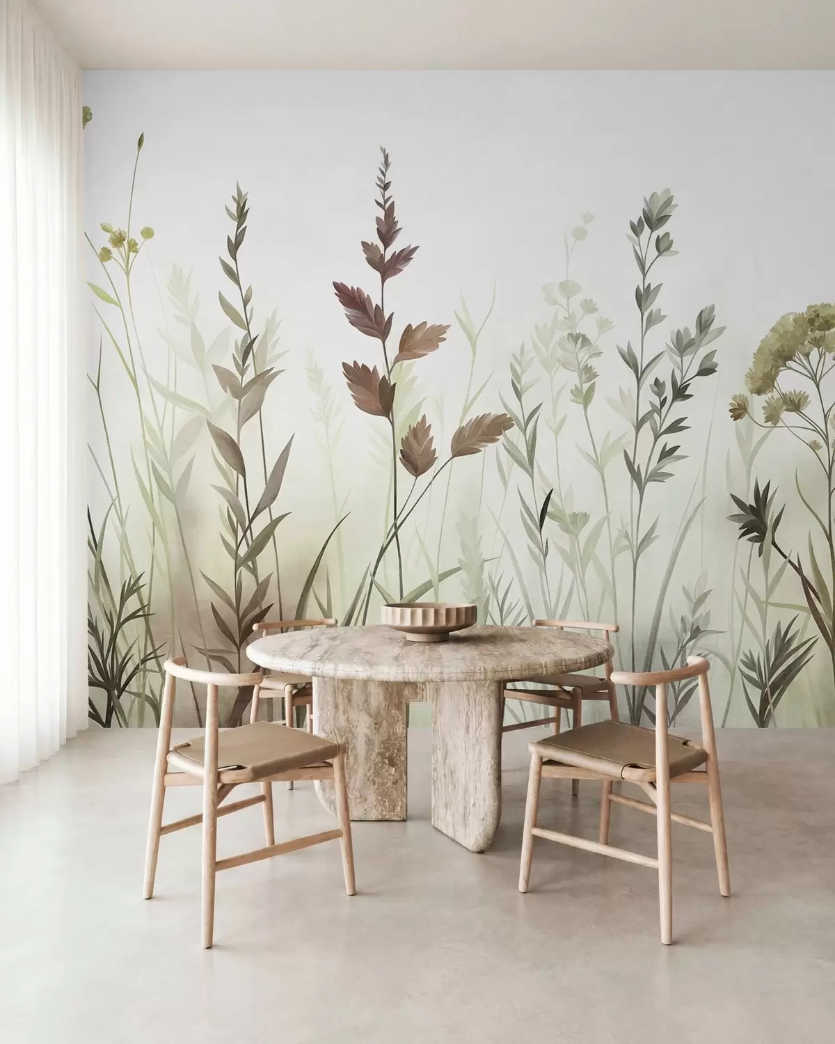 wall murals Tall wild grasses and wildflowers in muted green tones, minimalist aesthetic w10084v1