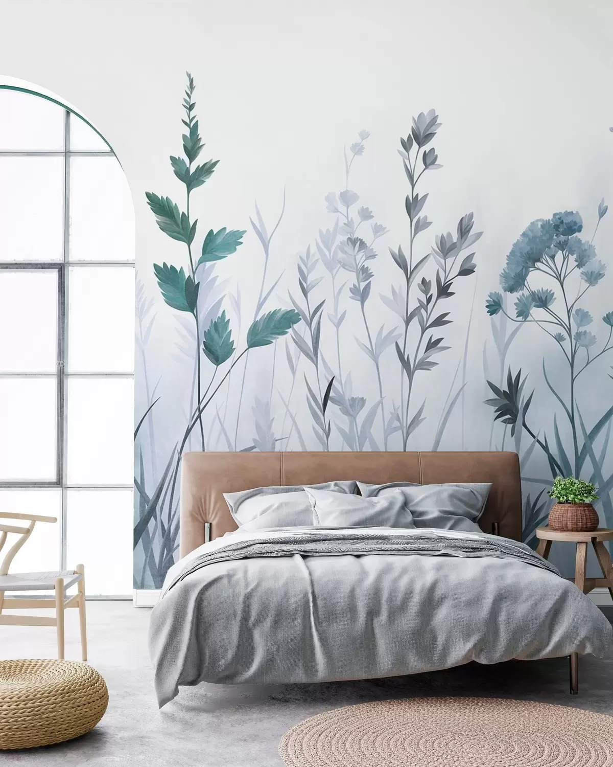 wall murals Tall wild grasses and wildflowers in muted blue tones, minimalist aesthetic w10084v2