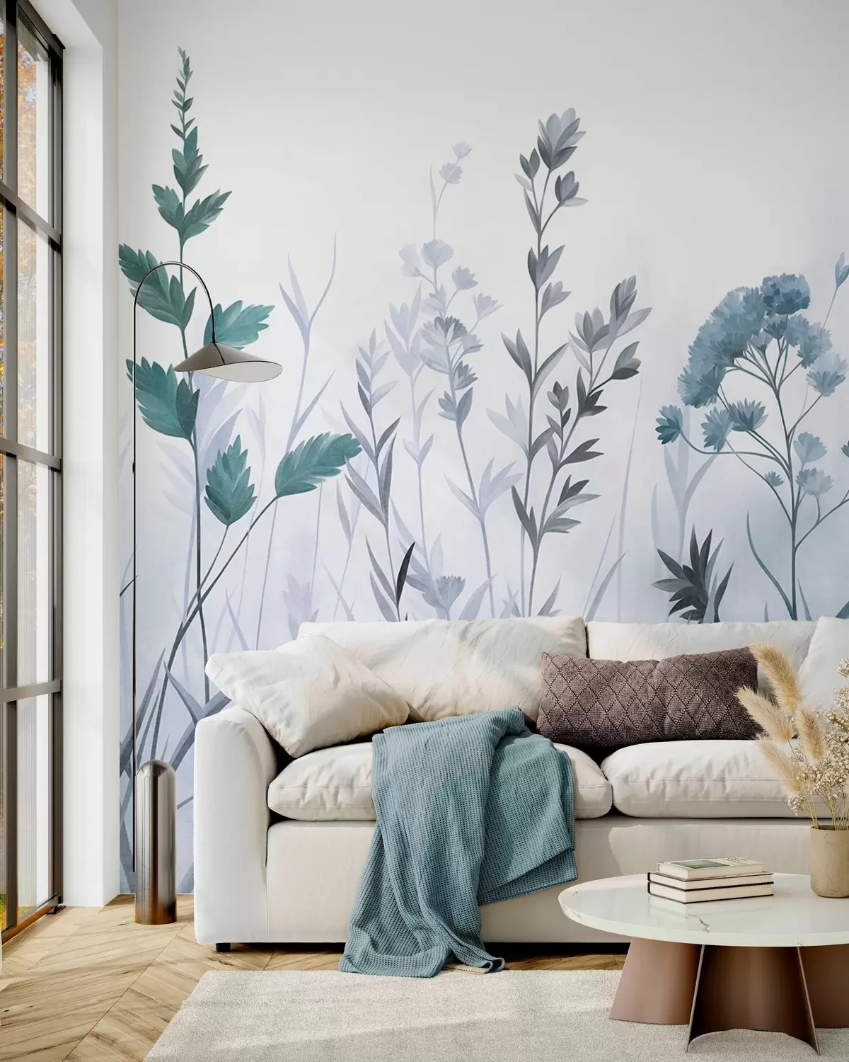 wall murals Tall wild grasses and wildflowers in muted blue tones, minimalist aesthetic w10084v2