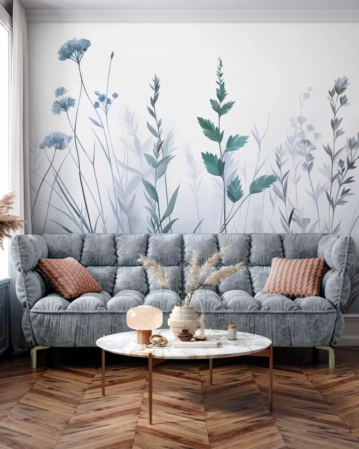 wall murals Tall wild grasses and wildflowers in muted blue tones, minimalist aesthetic w10084v2