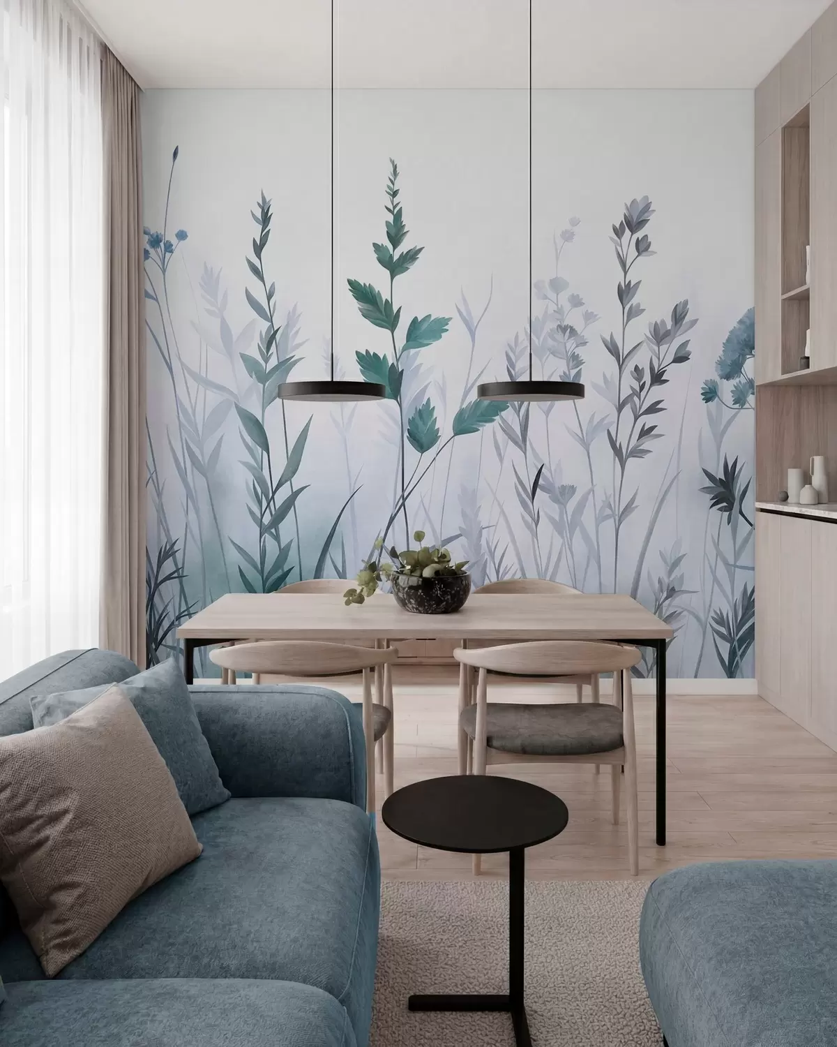 wall murals Tall wild grasses and wildflowers in muted blue tones, minimalist aesthetic w10084v2