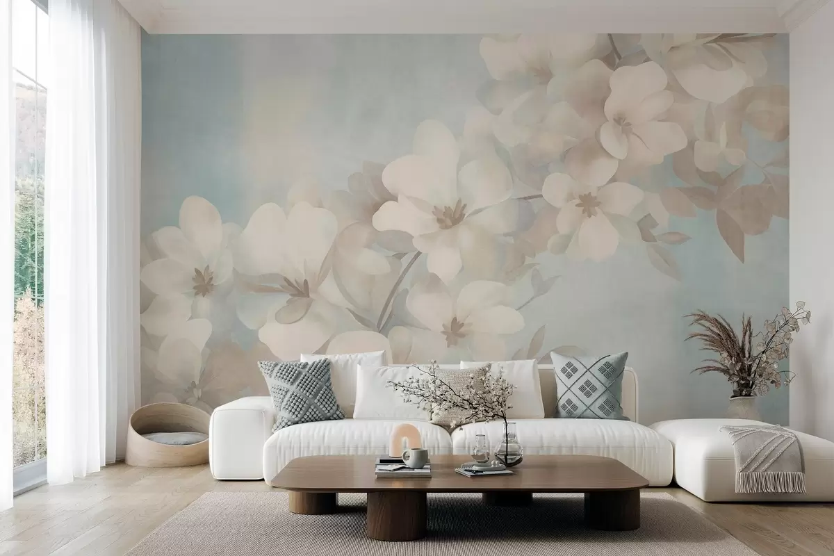 wall murals White flowers on a branch, soft pastel colors, light blue textured background w10107