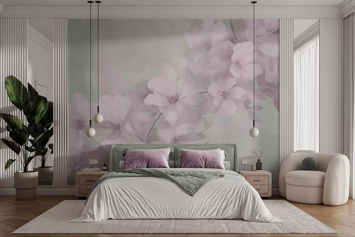 wall murals White flowers on a branch, soft pastel colors, light green textured background w10107v1