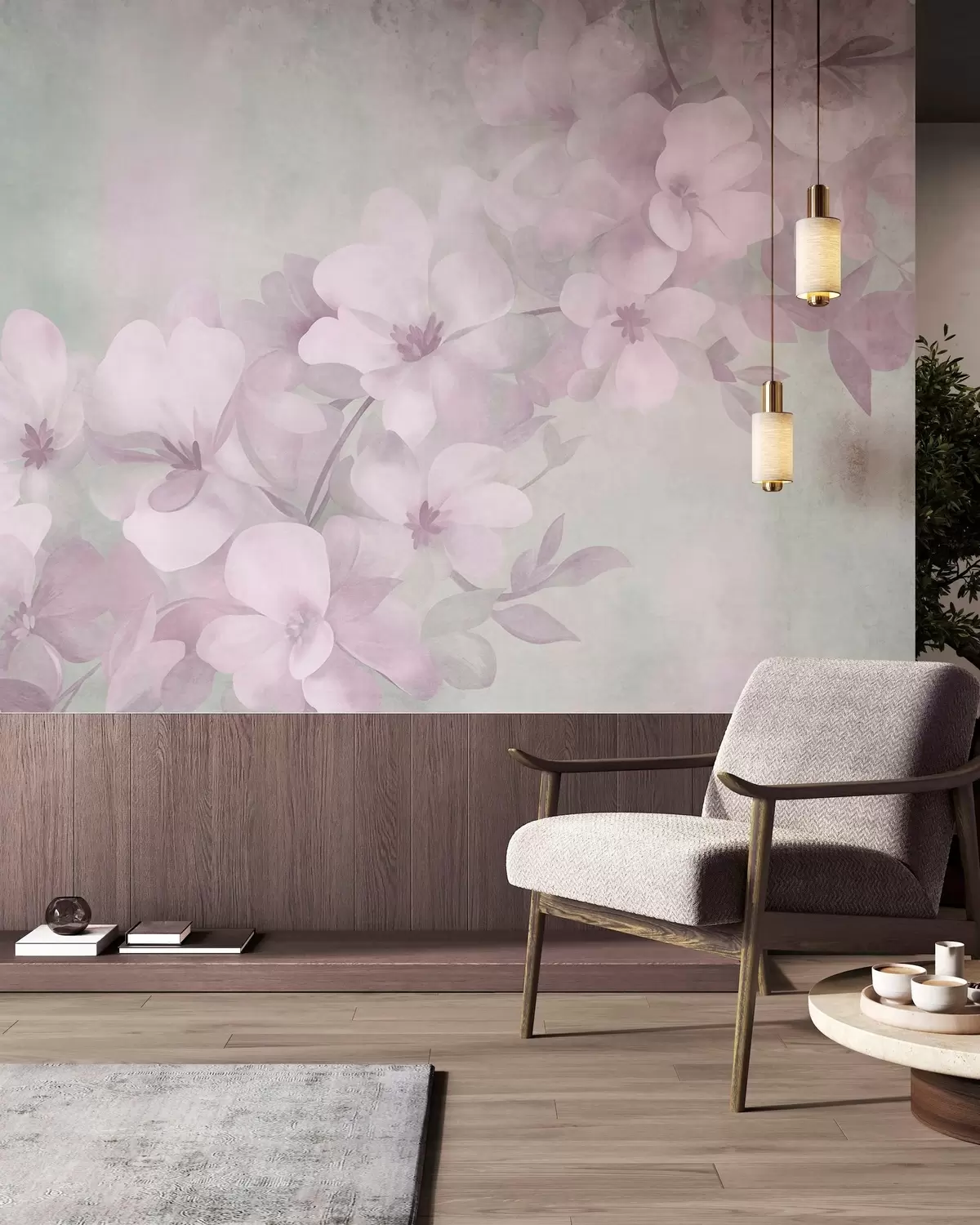 wall murals White flowers on a branch, soft pastel colors, light green textured background w10107v1