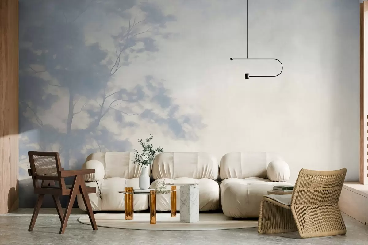 wall murals Textured tree with branches, pale cream and light blue background, minimalist art w10108