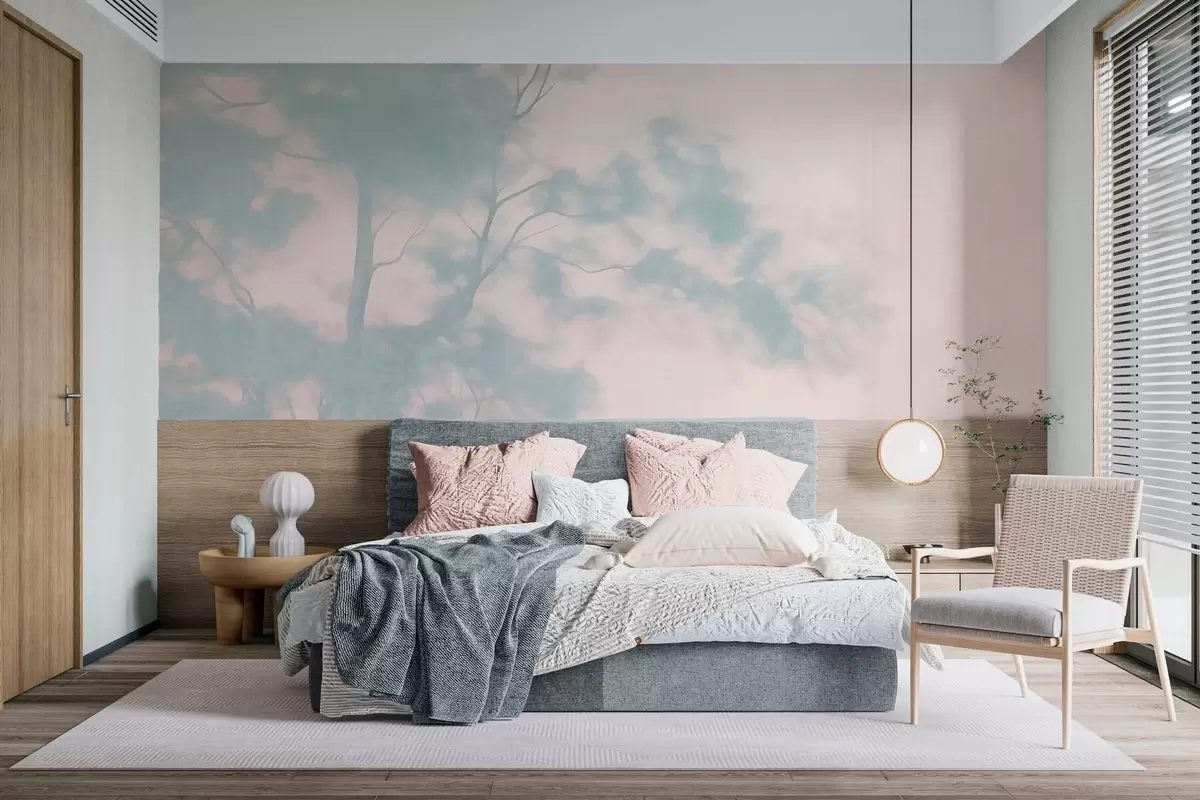 wall murals Textured tree with branches, pale pink and turquoise background, minimalist art w10108v1